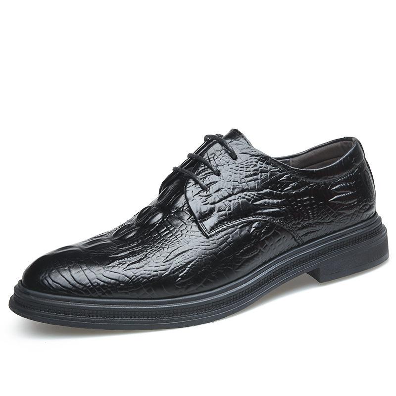 Carved first layer cowhide crocodile pattern business casual men's leather shoes fashion British dress round head lace-up leather men's shoes