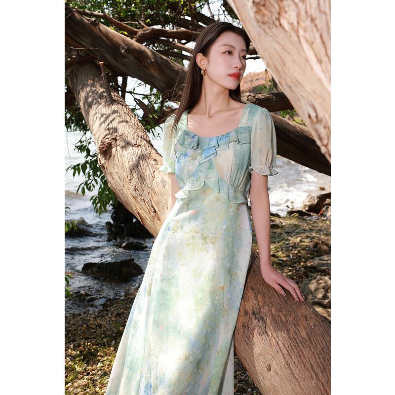 Sancai Plus Size French Ruffle Chiffon Print Dress