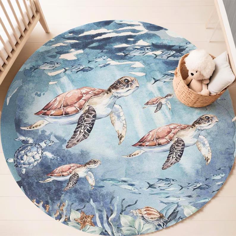 Sea Turtle Carpet Underwater World Coral Starfish Pattern Print Rug Ocean Lover Home Decor Kids Room Circle Non-Slip Floormat
