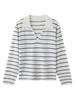Women's 48s Fine Wool V-Neck Loose Fit Polo Shirt - Black & White Striped Knitwear