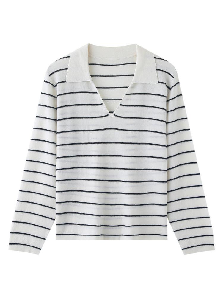 Women's 48s Fine Wool V-Neck Loose Fit Polo Shirt - Black & White Striped Knitwear