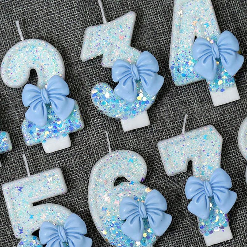 1pc Handmade Birthday Candle Party Celebration Supplies Decorative Candle Blue Bowknot Creative Digital Candle For Birthday Cake