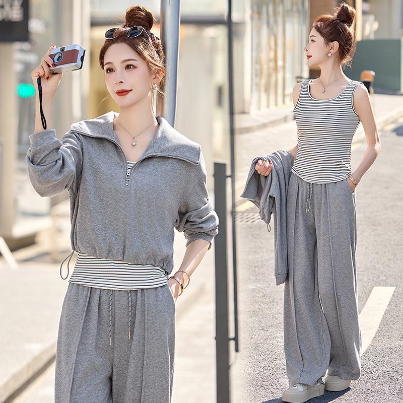 2025 Spring Fashion High-Waist Wide-Leg Pants & Slim Fit Sweatshirt Set