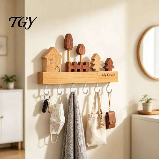 Wall Mounted Key Holder Wooden with 6 Hooks, Decorative Entryway Organizer Kitchen Tool Storage Hook Rack, Easy Mount Installation Hanger for