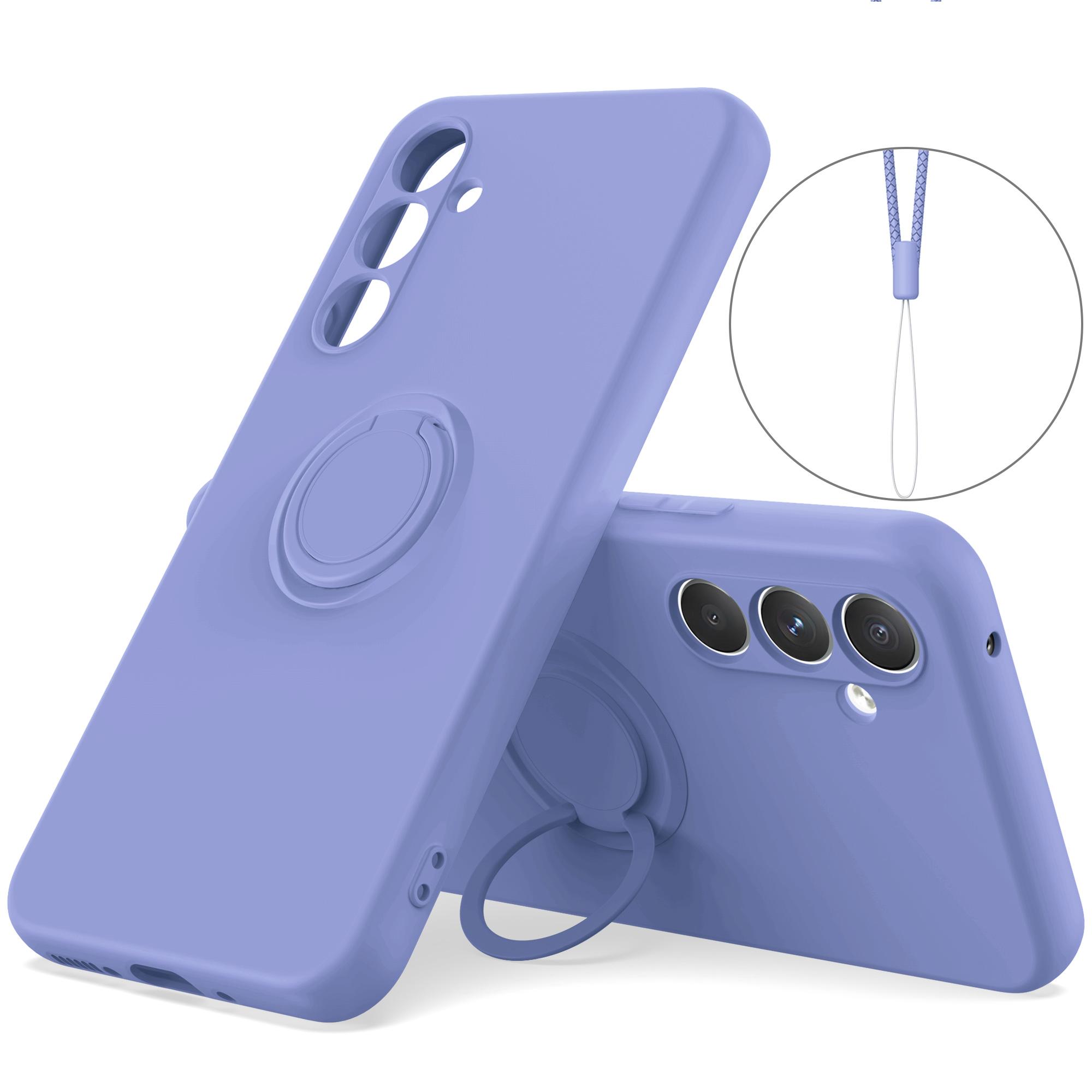 

For Samsung Galaxy A34 5G Liquid Silicone Protective Cover Ring Kickstand Phone Case with Wrist Rope Purple