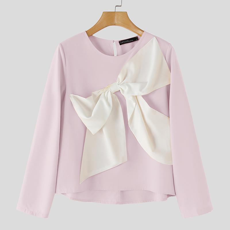 ZANZEA Women Casual Bows Patchwork Long Sleeve Loose Blouse
