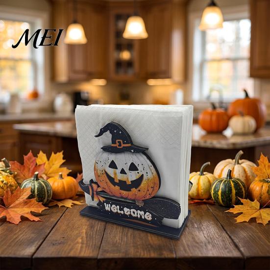 Festive Dining Table Ornament Halloween Wooden Napkin Holder, Ghost Pumpkin Decorative Tabletop Tissue Dispenser, Rustic Kitchen Counter Storage Paper