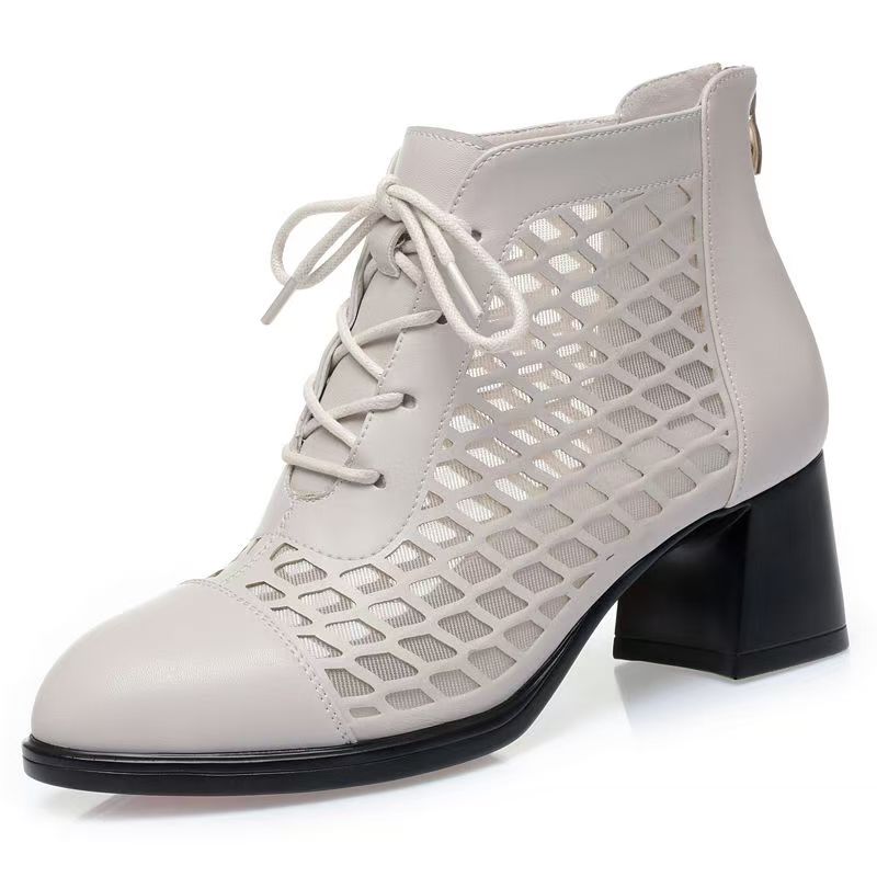Women's Leather Mesh Hollow Out Cool Boots Spring Summer New Block Heel Pointed Toe Breathable High Heel Zippers Ankle Boots