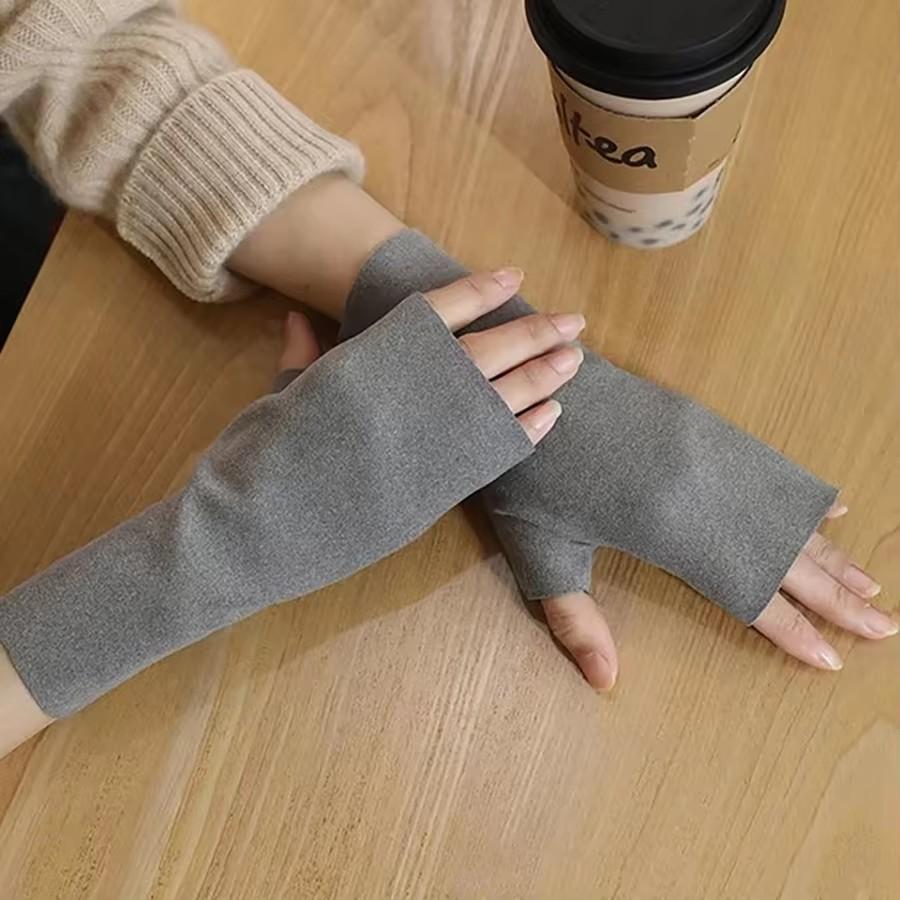 Solid Half Finger Gloves Winter Half-Finger Gloves for Women Windproof Warm Versatile Slimming for Writting Cycling Touchscreen for women серый
