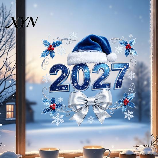 Festive Home Decor 2027 New Year Christmas Static Window Cling, Glue?Free Snowflake Glass Party Atmosphere Decorations Sticker, Reusable Holiday