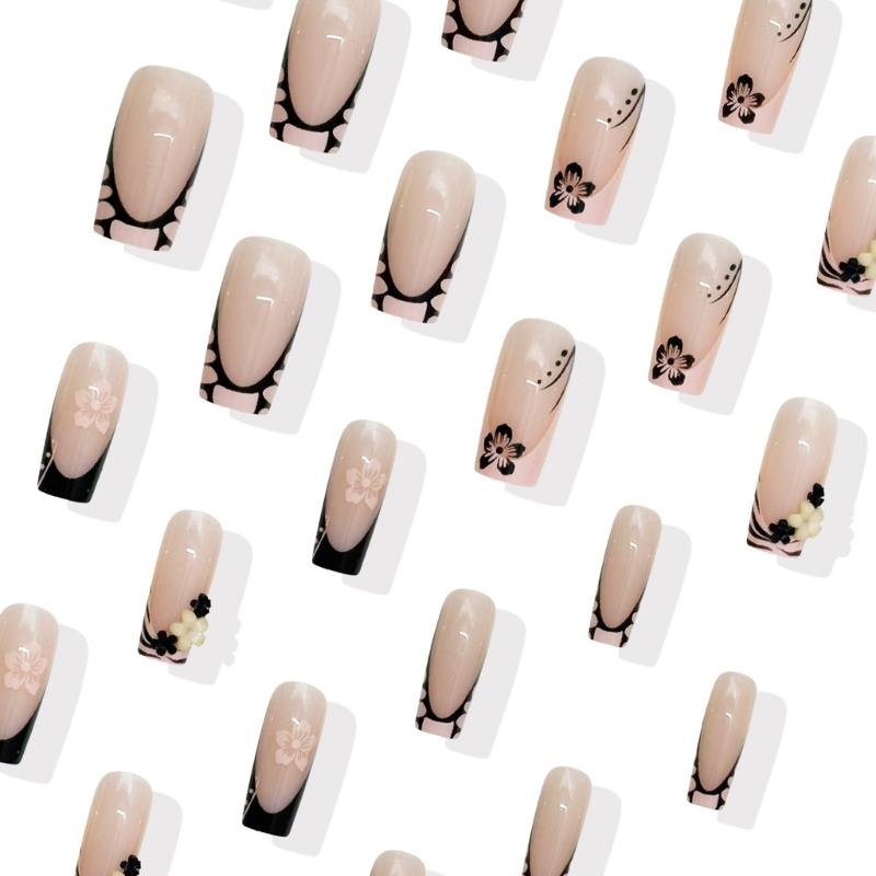 Square Press On Nail French Tips Fake Nail Full Cover False Nail with Flower Designs Artificial Acrylic Nail for Women