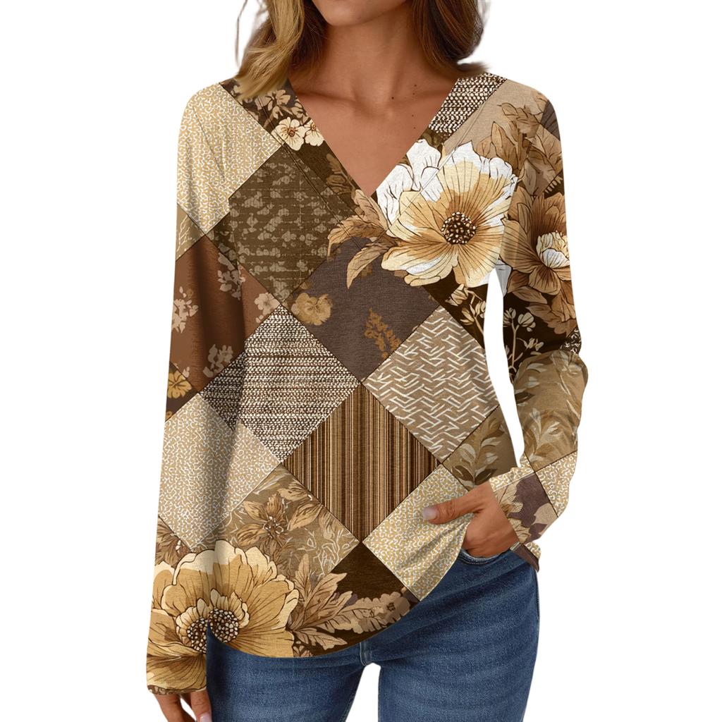 Women's Casual Fashion Brushed Retro Floral Print Long Sleeve V-Neck Top T-Shirt