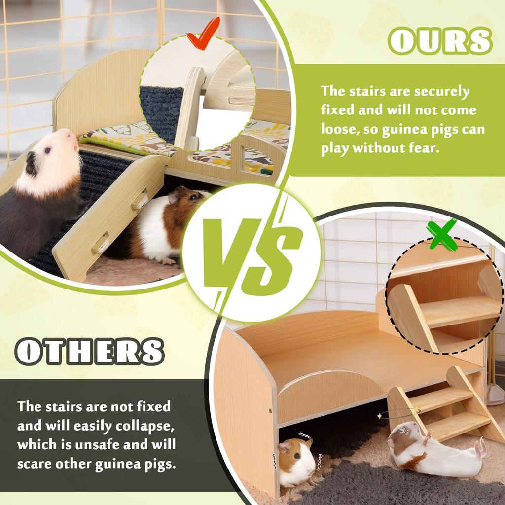 Wooden Small Animal Bed Anti-Slip Guinea Hideout Platform Washable Multi-Level Guinea Pig Castle for Hamsters Bunny Chinchillas