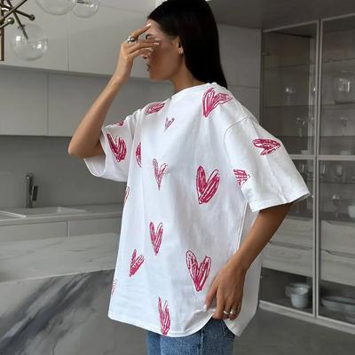 Καθημερινό μπλουζάκι γυναικείο με λαιμόκοψη Ο και στάμπα καρδιά, καλοκαιρινό κοντομάνικο φαρδύ βαμβακερό βασικό τοπ μπλουζάκι γυναικεία ρούχα