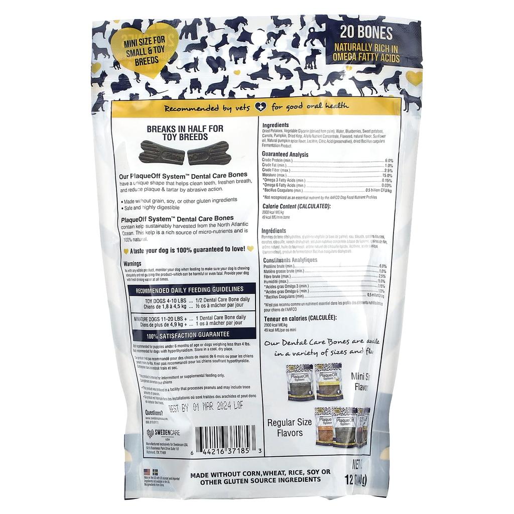 Plaqueoff System, Mini Dental Care Bone, Small and Extra Small Dogs, Vegetable Fusion & Blueberry, 20 Pieces, 340G (12Oz)