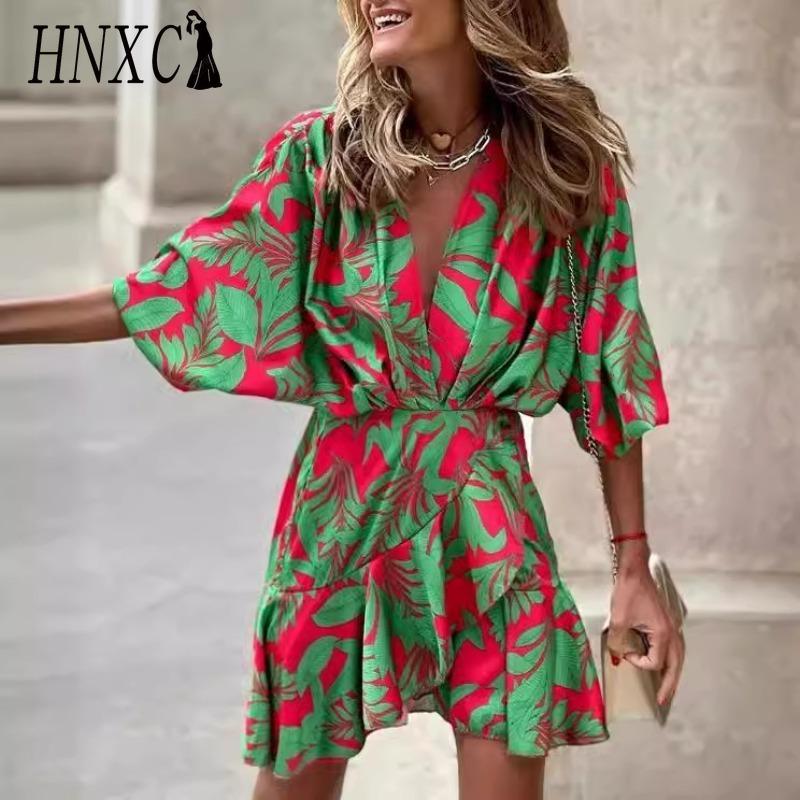 HNXC Dámská móda Léto Jaro Jednobarevný potisk 3/4 rukávy Neformální šaty s výstřihem do V a vysokým pasem