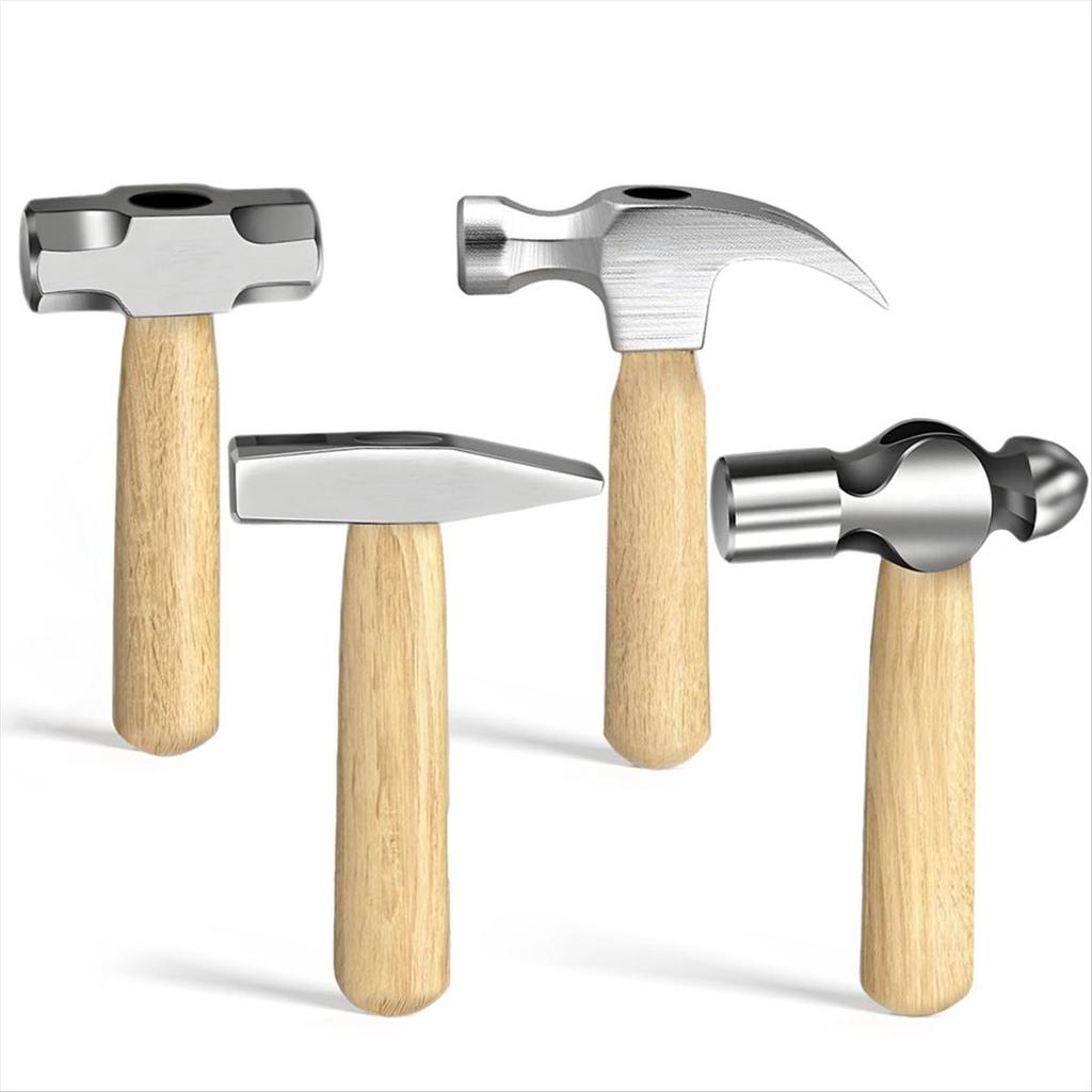 2025+ 4Pcs Small Hammer Set, · and Polished Steel Head, Short Wood Handle, 10oz Claw Hammer, 11oz Ball Peen Hammer