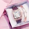 Women's Trendy Square Dial Quartz Watch with Leather Strap & Star Bangle