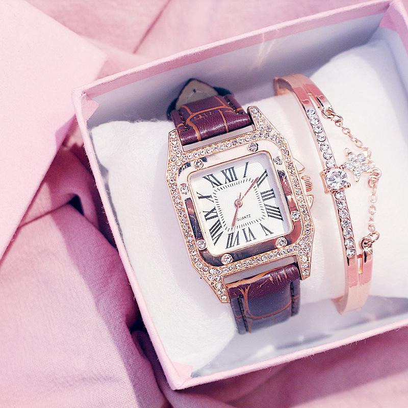 Women's Trendy Square Dial Quartz Watch with Leather Strap & Star Bangle