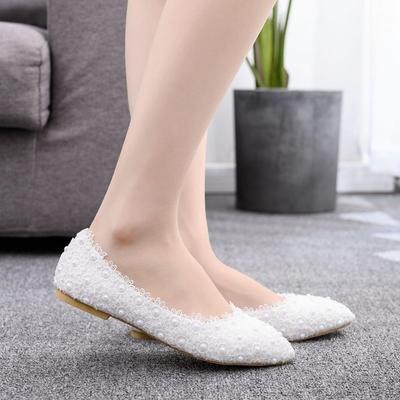 Crystal Queen Women Ballet Flats White Pearl Lace Wedding Shoes Pointed Toe