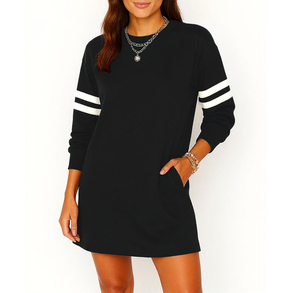 Women's Fashion Striped Sports Hoodie Dress Long Sleeve Round Neck Sports Hoodie Dress With Pocket