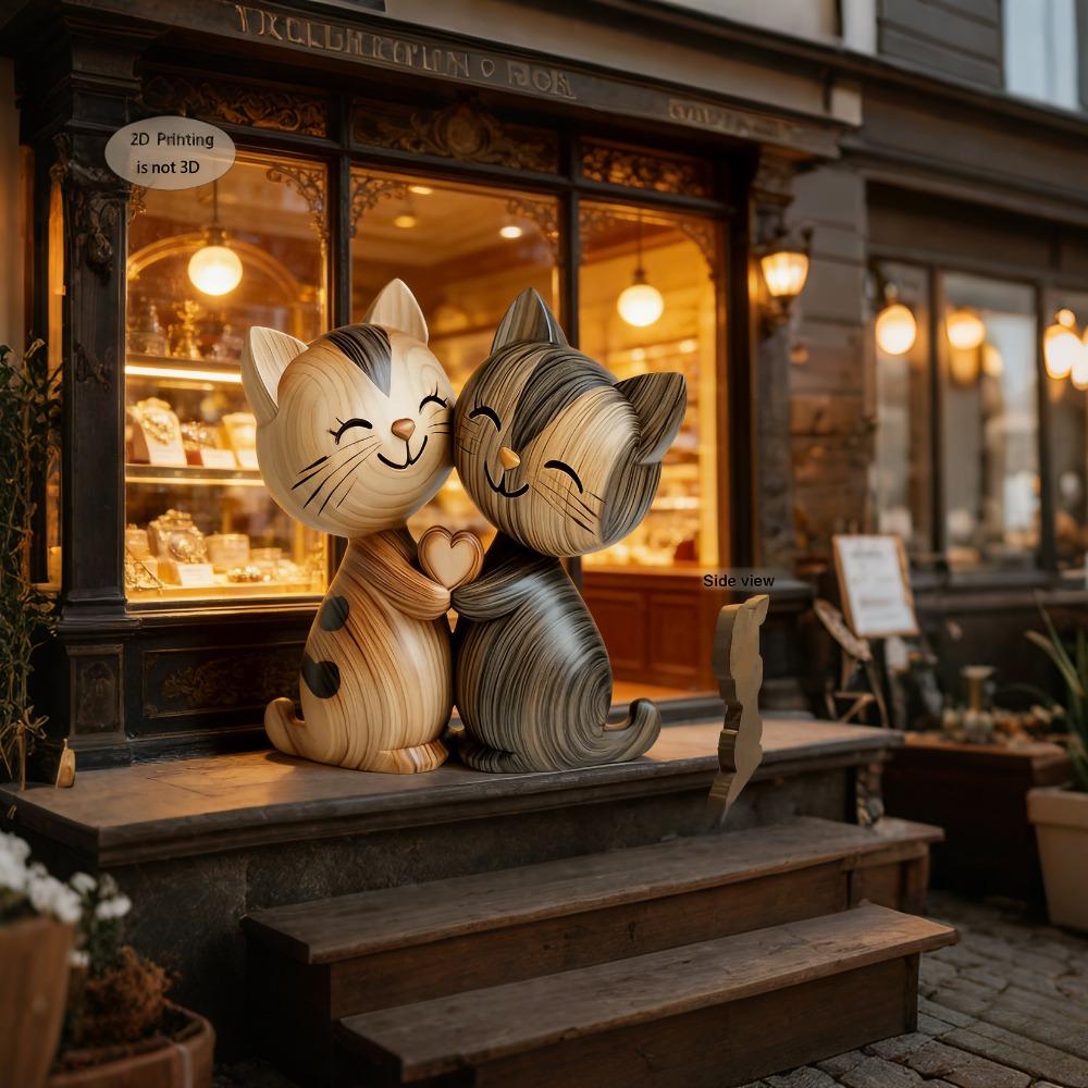 Wooden Kitten Couple Sculpture 2D Flat Art Piece Wood Grain Elegant Desktop Entrance Decor Romantic Gift for Wedding Anniversary