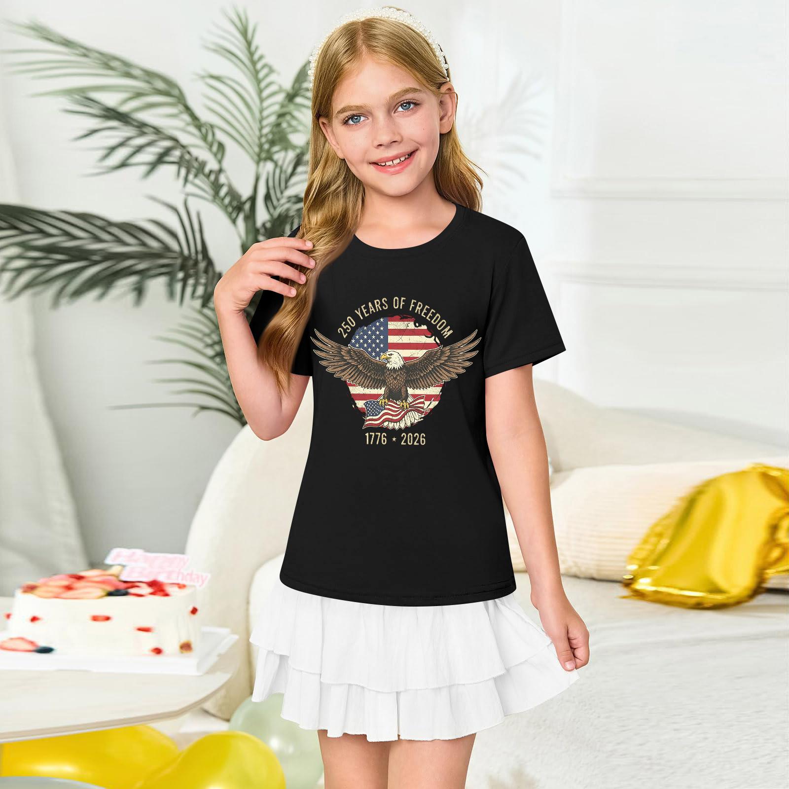 Girls  Round Neck Short Sleeve Printed Casual Short Sleeve 110 чёрный