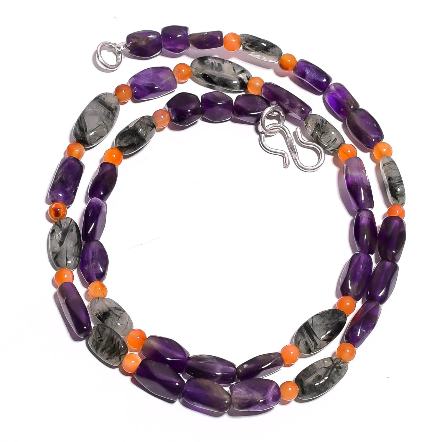 

Natural Amethyst Rutile Quartz Carnelian Gemstone Beads Necklace 17 UB-4029 UB-4029