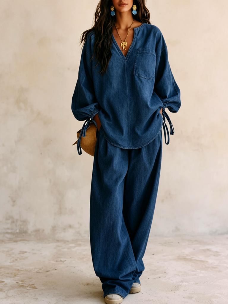 Neuer V-Ausschnitt Tencel Denim Anzug Damen Lockerer Kordelzug Oberteil Hohe Taille Weite Hosen Lässiger Anzug