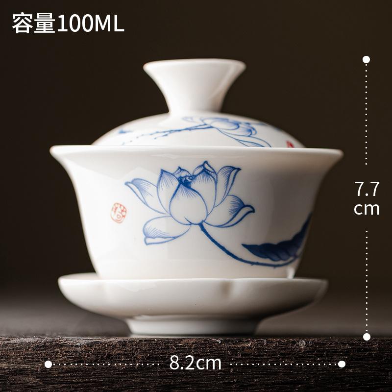 Tea Bowl Ceramic Tea Cup Soup Tureen Chinese Ceramic Gaiwan Porcelain Gaiwan White Lid Bowl Lotus Hand Drawing Gai Wan Shen Puer