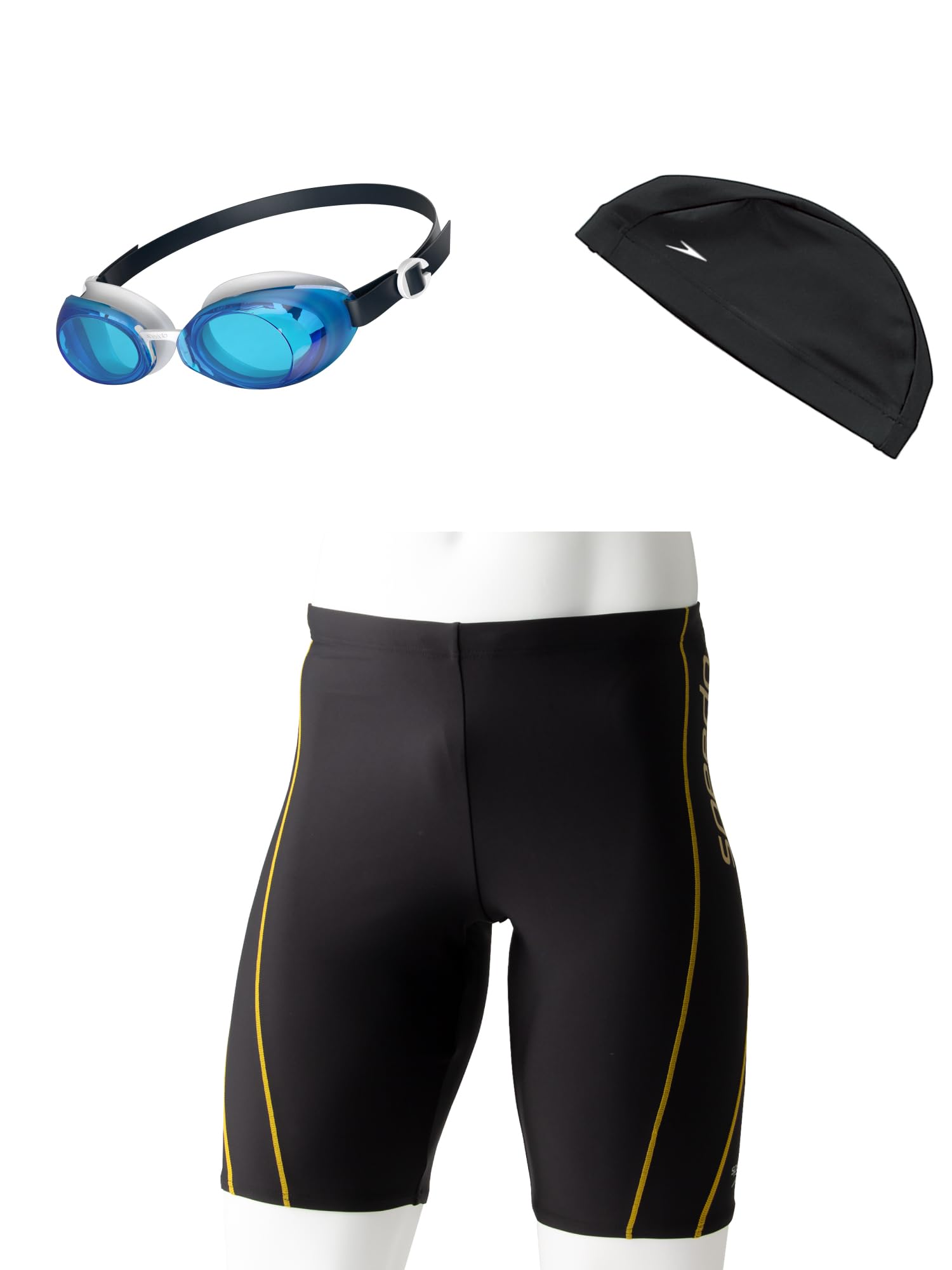 

Speedo Fitness Swimsuit with Cap and Goggles SET21SAM XO Men s 3-Piece (Amazon Exclusive) Black/Gold