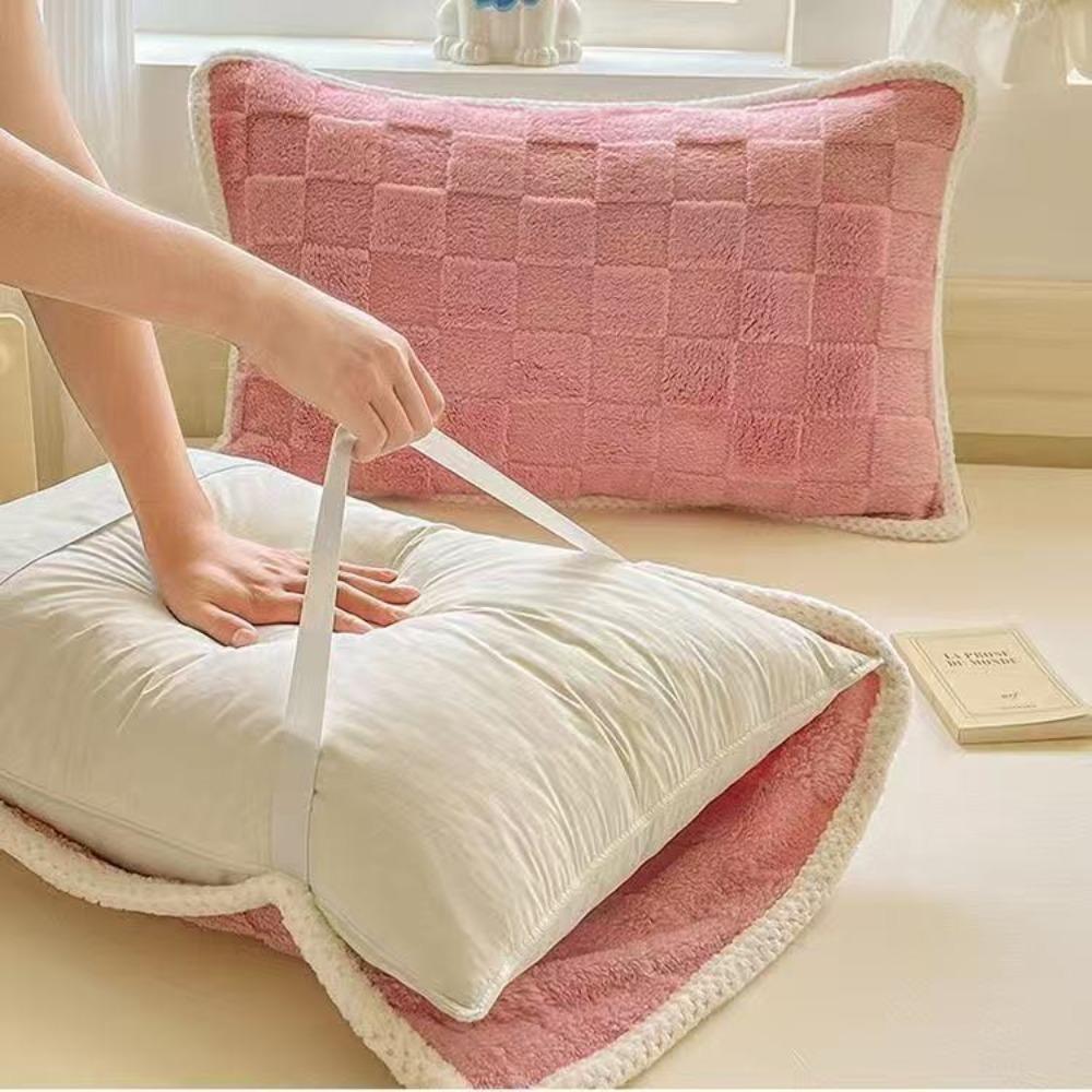 2 pieces Coral Fleece Pillow Cover Plush Cushion Cover Durable Grid Jacquard Pillowcases Winter