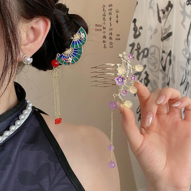 Retro Fan-Shaped Tassel Hair Comb - Hanfu Headdress Accessory Hairpin