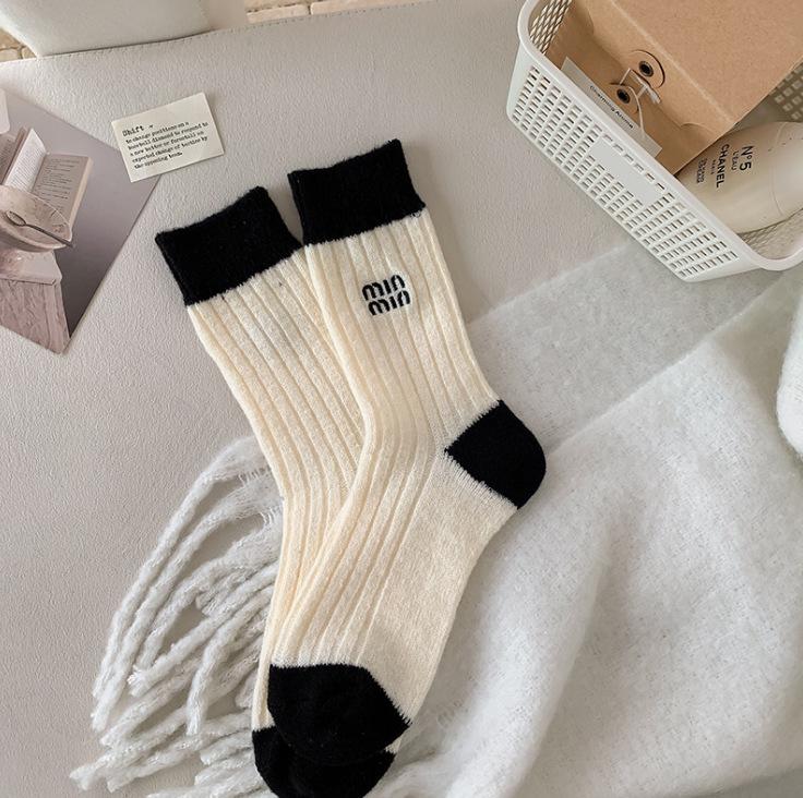 MIU Women's Wool Embroidered Mid-Calf Socks, Trendy Warm Slouch Socks for Autumn/Winter, Postpartum Friendly.
