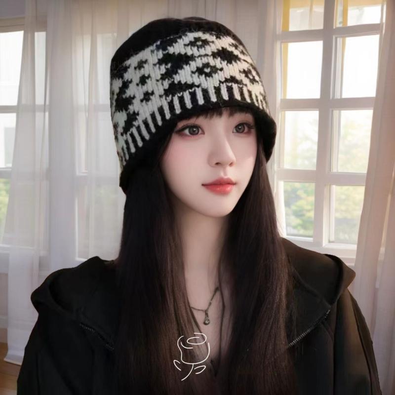 Retro, Diamond Grid Knitted Woolen Hat, Women, Winter, Big Head Circumference, Small Face, Warm and Cold Proof, Hooded Hat, Winter Warm Hat