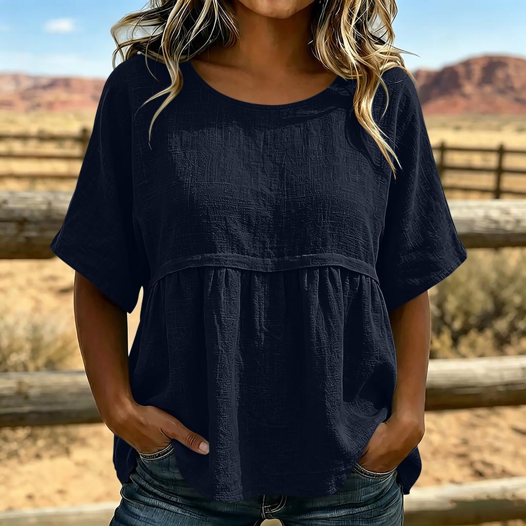 Women's Linen Crewneck Short Sleeve Blouse, Color Casual Top, Pullover Shirt