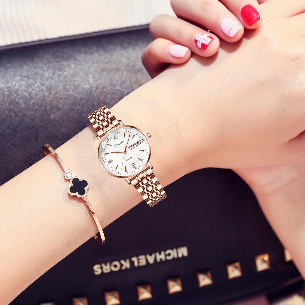Swiss English-Chinese Women's Watch: Fashionable Butterfly Buckle, Luminous, Waterproof, Stainless Steel Band, Calendar Feature.