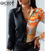 QICED Women's Fashion Casual Solid Color Print Long Sleeve POLO Neck Blouses & Shirts
