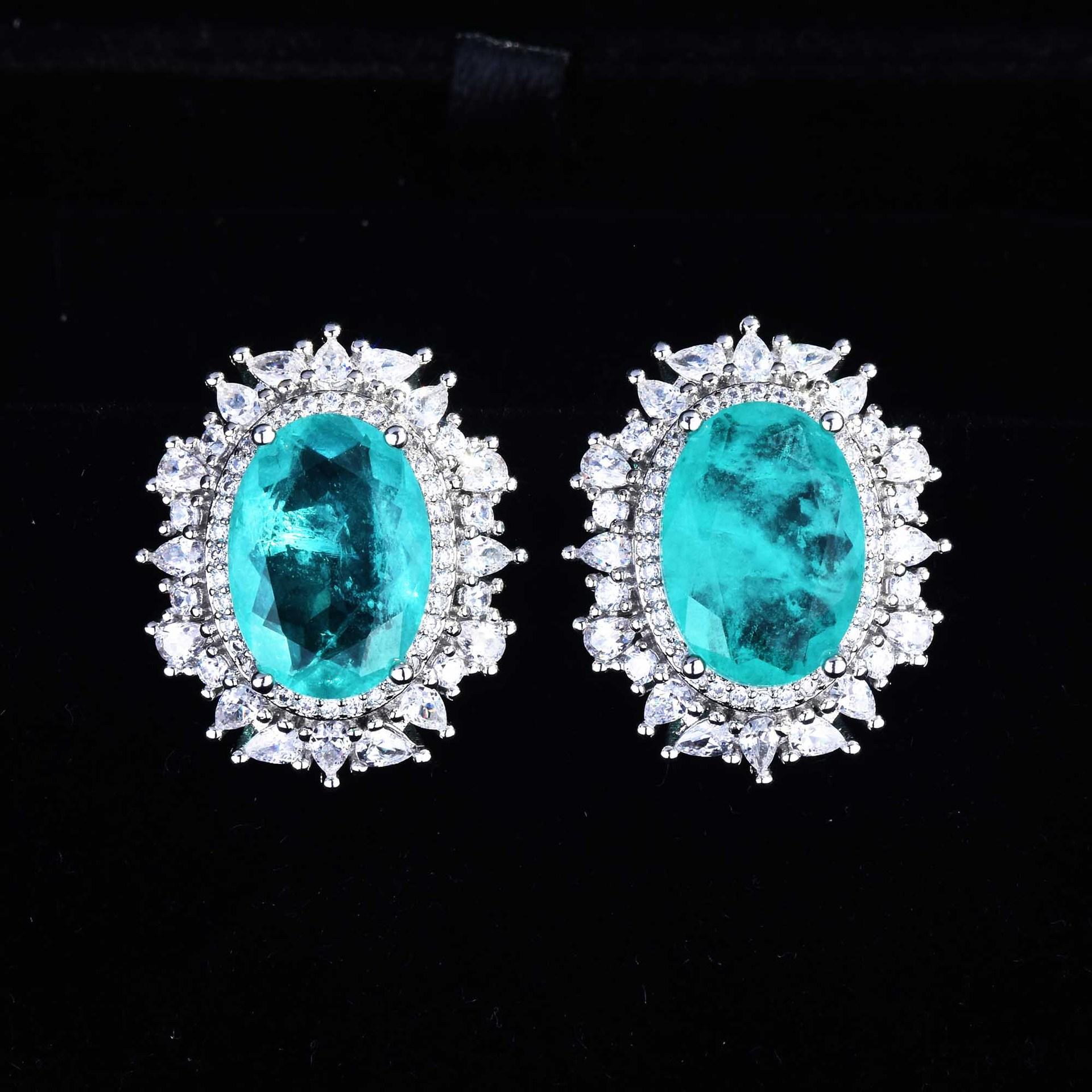 Internet Celebrity Imitation Natural Paraiba Necklace, Luxury Colored Treasure Pendant Internet Celebrity Stud Earrings Haute Couture Jewelry Set