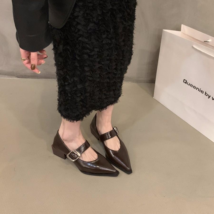 French black pointed single shoes women's shoes 2025 new spring, autumn and winter medium and high heels evening shoes Mary Jane small leather shoes