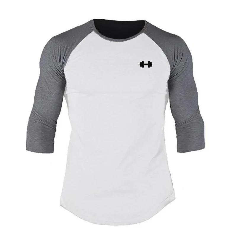 

New Three Quarter Sleeves T Shirt Men Spring Autumn Patchwork Gym Clothing Dumbbel Fitness T-shirt Sports Raglan Sleeves Tshirt XXL білий