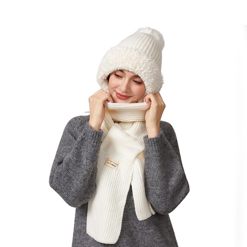 Winter Hat Long Scarf Integrated Wool Hat Women's Outdoor Ear and Neck Protection Double-Layer Velvet Warm Knitted Hat