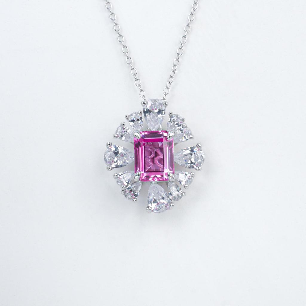 S925 Sterling Silver Pink Sapphire Flower Necklace for Women - Elegant Jewelry for Dating, Commuting, and Festivals