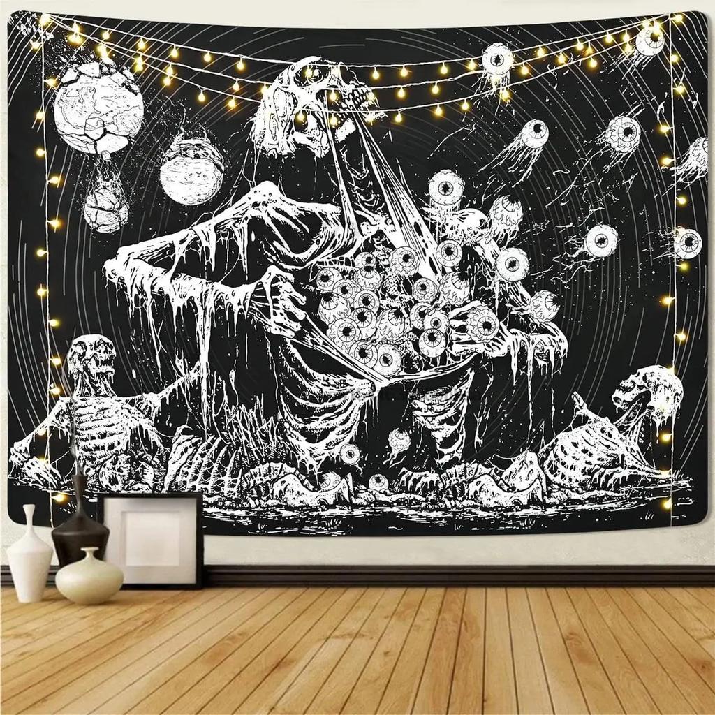 Black and White Wall Art Aesthetic Home Tapestry Gothic Skull  Psychedelic Hippie Mushroom