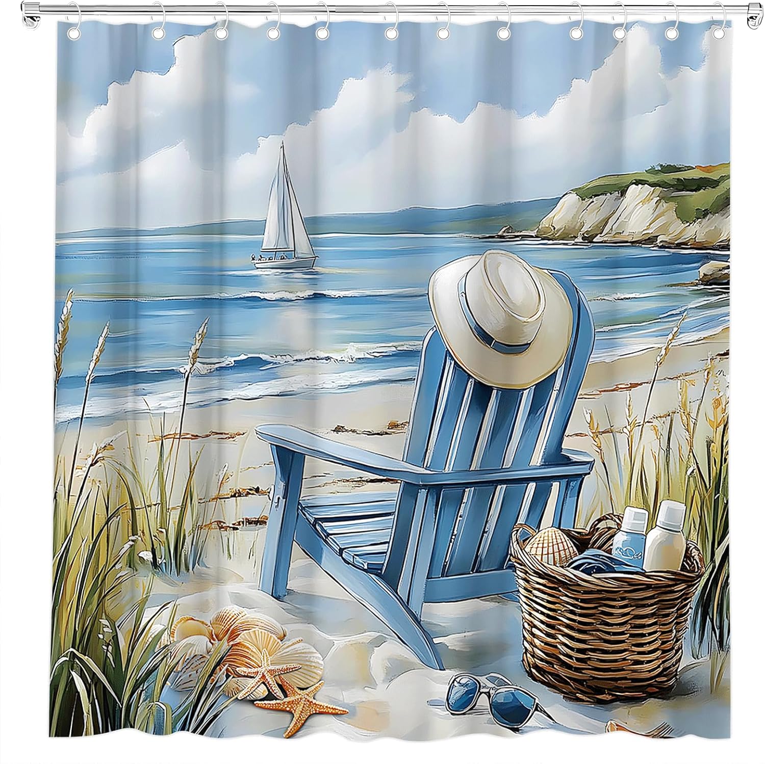 

Summer Beach Coastal Shower Curtain Blue Sea Ocean Landscape Beachy Recliner Chair Hat Starfish Hawaii Scenery Waves Seaside W60H190(CM)-1 Pcs