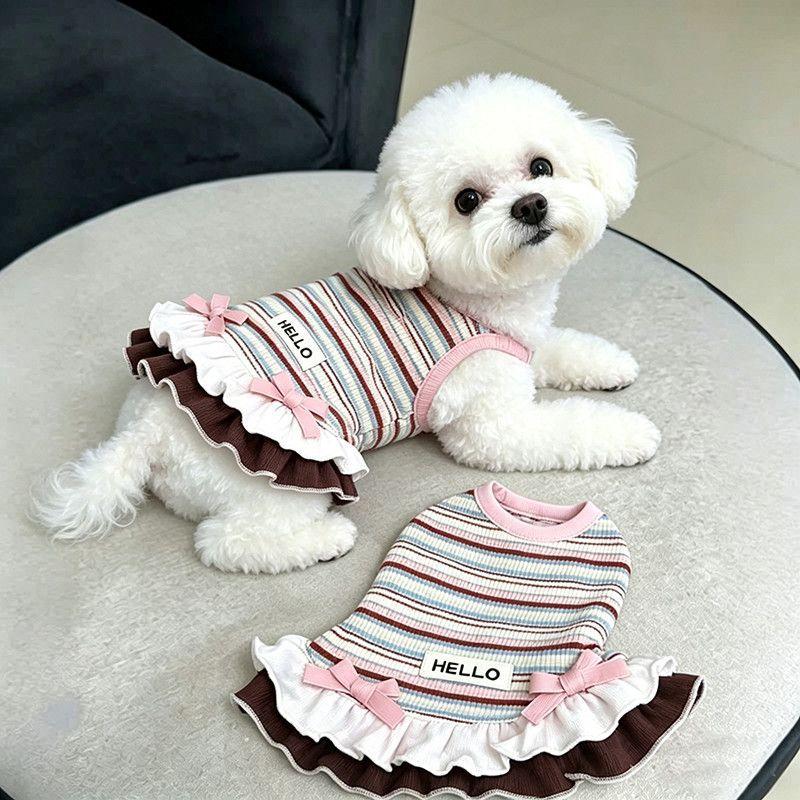 Striped Pet Dress Summer Spring Autumn Clothes Anti Hair Loss Outfit for Cats Teddy Bichon Yorkshire Small Dogs