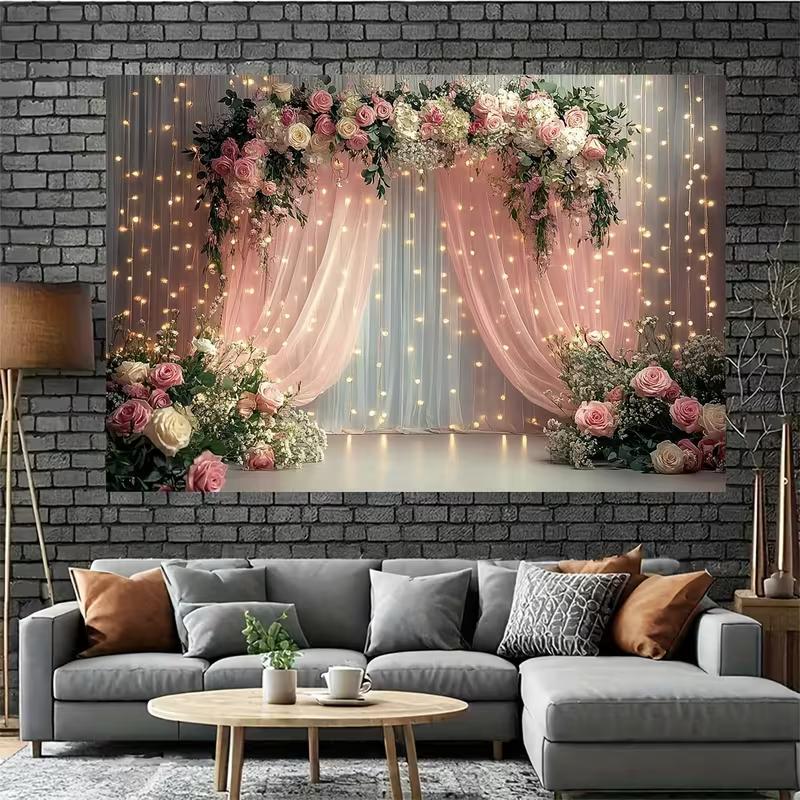Pink Floral Wedding Arch Tapestry, Sheer Curtain with Lights Background Cloth, Romantic Party Backdrop