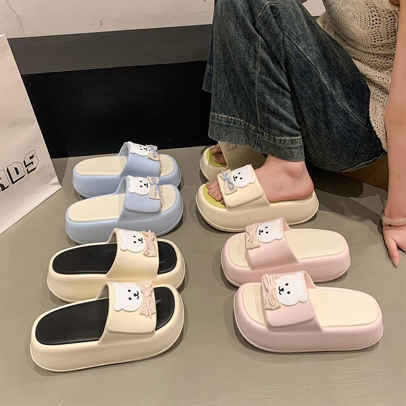 Fashion Milk Cute Bear Thick-bottomed Cool Slippers Women's Summer Small Muffin One-word Drag Outside Wearing Cartoon V Slippers