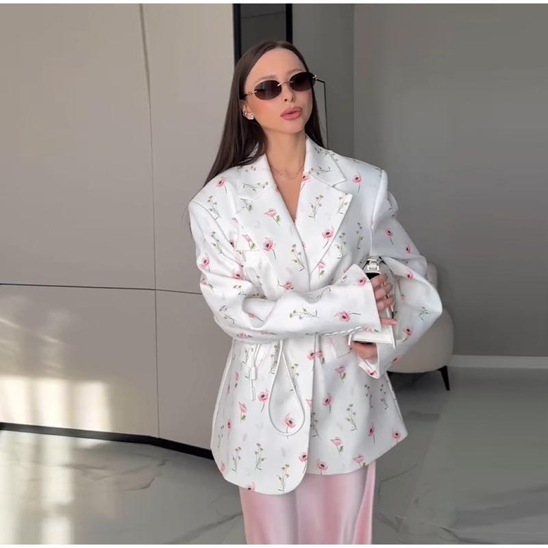 Women's Spring/summer 2025 New Fashion Printing Loose Suit Collar Lace-up Waist Suit Jacket