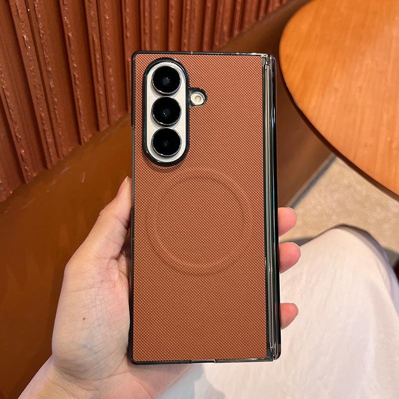 Suitable for Samsung Zfold7 Magnetic Suction Mobile Phone Case Fold6 Double-sided Central Axis Anti Fall Business Litchi Leather Pattern